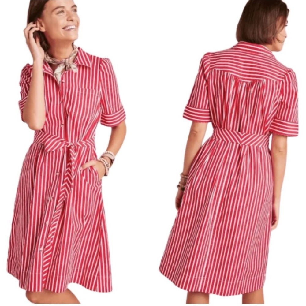 Anthropologie Maeve Retro Red and White Stripe Cotton Belted Shirt Dress